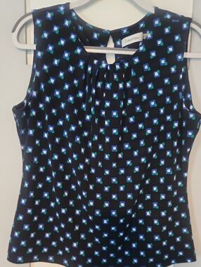 Calvin Klein Black Sleeveless Top with Blue and Teal Geometric Print (L)